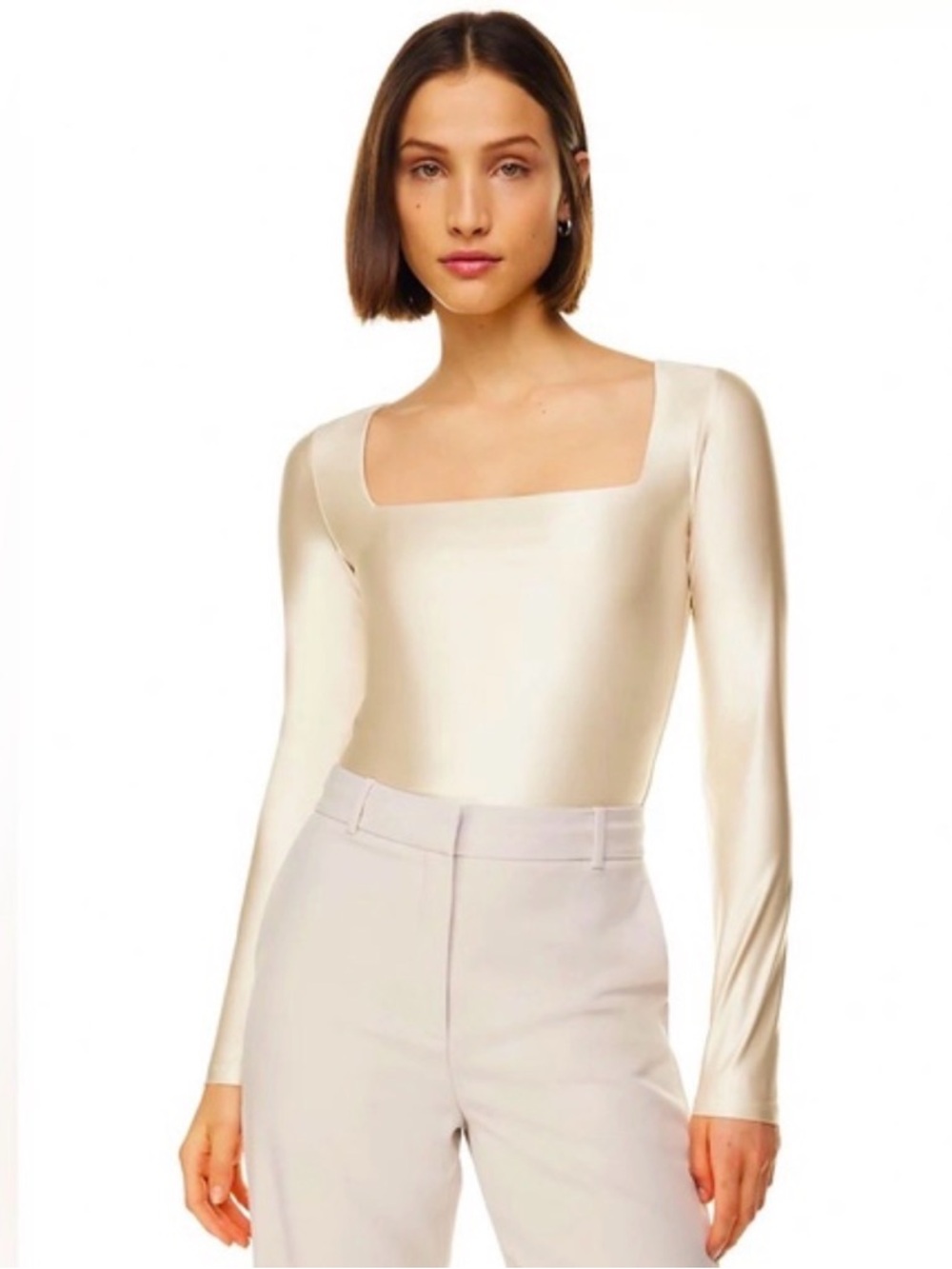 Babaton Satin Long-Sleeve Square Neck Bodysuit in Ivory